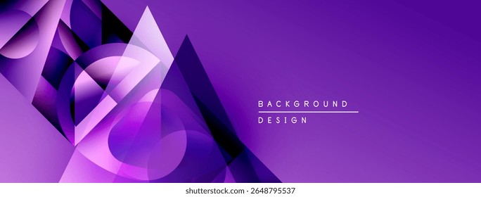 Abstract purple design features geometric shapes, gradients, overlapping layers. Modern aesthetic suitable for backgrounds, presentations.