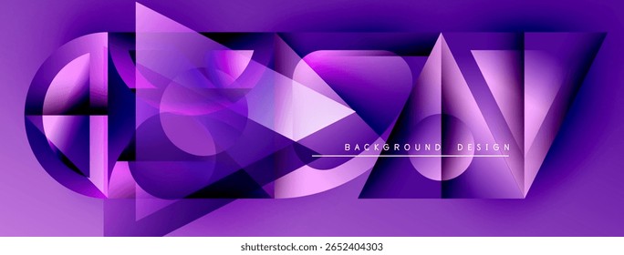 Abstract purple design features geometric shapes, gradients, dynamic lines. Modern background with text elements.