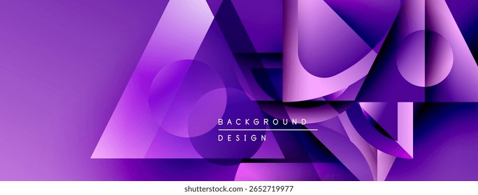 Abstract purple design features geometric shapes, gradients, overlapping layers. Modern aesthetic suitable for digital backgrounds.