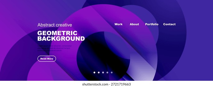 Abstractas diseño púrpura cuenta con Formas geométricas, Elementos de texto, menú de navegación. Estética moderna adecuada para cabezal de Sitio web o Anuncio.