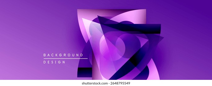 Abstract purple design features layered shapes, gradients. Modern background with text elements, dynamic composition.