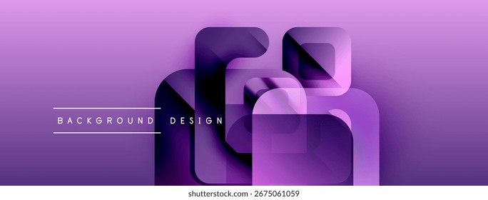 Abstract purple design features layered geometric shapes. Gradient background creates modern visual effect. Text reads background design.
