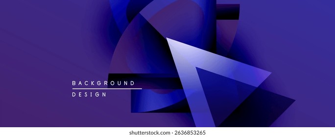 Abstract purple design features overlapping shapes, gradients. Text reads background design. Modern aesthetic, dynamic composition.