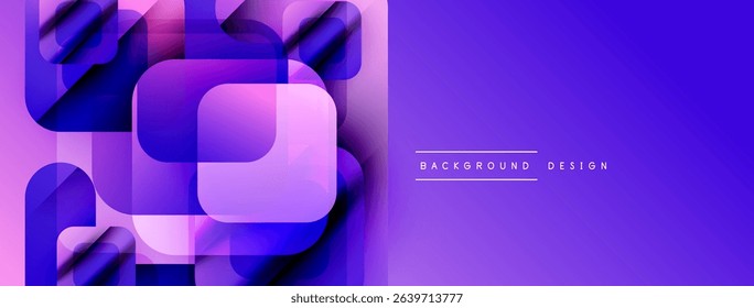Abstract purple design features overlapping squares, gradients. Modern aesthetic suitable for banners, backgrounds, digital art.