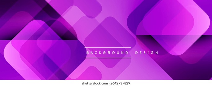 Abstract purple design features overlapping squares, rectangles, rounded shapes. Gradient creates dynamic visual effect. Text reads background design.