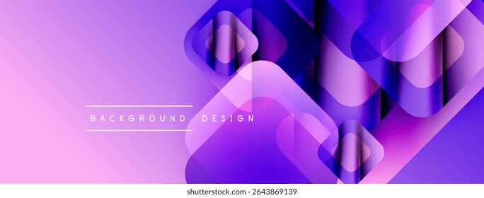 Abstract purple design features overlapping geometric shapes. Gradient colors create depth, modern aesthetic. Minimalist text labels background, design.