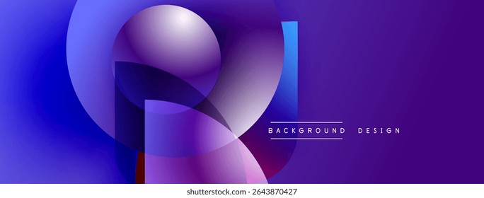 Abstract purple design features overlapping circles, gradients, dynamic shapes. Modern background suitable for banners, presentations.