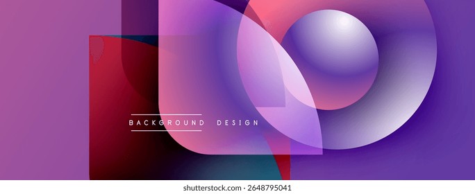 Abstract purple design features overlapping circles, squares. Gradient colors create modern visual effect. Text reads background design.