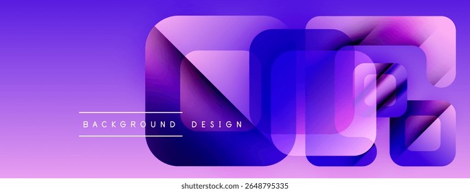 Abstract purple design features overlapping rounded squares. Gradient colors create modern visual effect. Text reads background design.