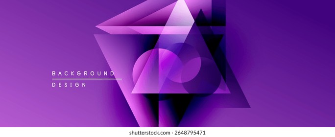 Abstract purple design features overlapping geometric shapes. Circles, triangles create dynamic visual effect. Modern, vibrant background.