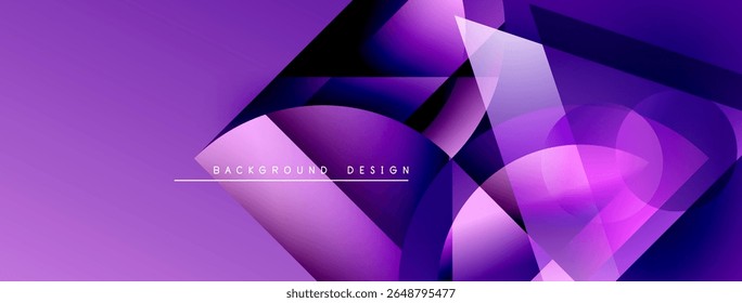 Abstract purple design features overlapping geometric shapes. Gradient colors create dynamic visual effect. Modern background texture.