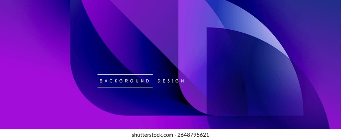 Abstract purple design features overlapping layers, gradients, text reading background design. Modern, vibrant, dynamic composition.