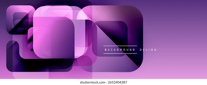 Abstract purple design features overlapping rounded squares. Modern, minimalist style with gradient effects. Text reads background design.