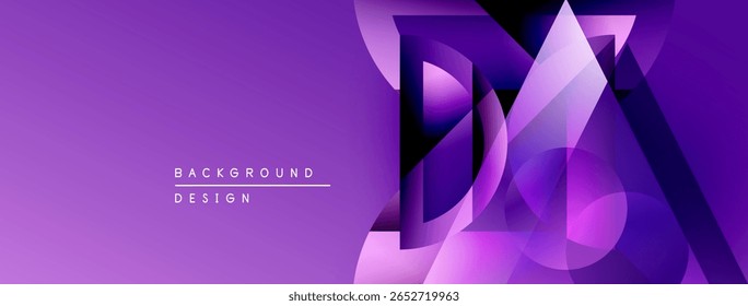 O design abstrato roxo apresenta formas sobrepostas. Cores de gradiente criam profundidade, estética moderna. O texto lê o design do plano de fundo.
