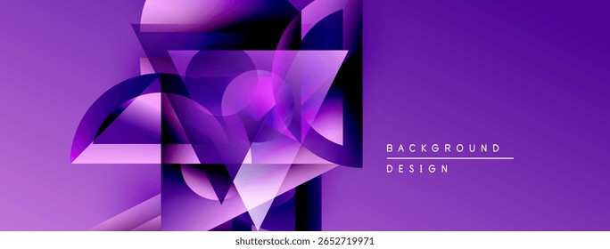 Abstract purple design features overlapping geometric shapes. Gradient colors create dynamic visual effect. Modern background suitable for various projects.