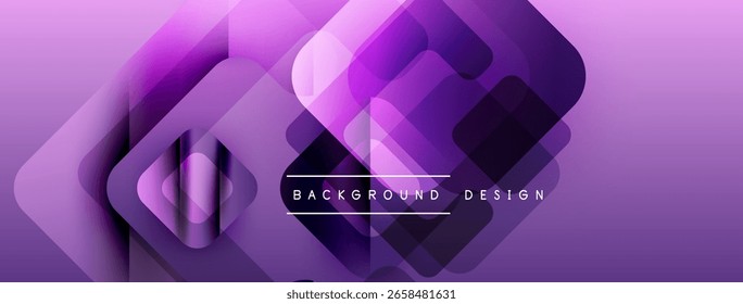 Abstract purple design features overlapping squares, gradients, shadows. Modern aesthetic suitable for backgrounds, presentations.