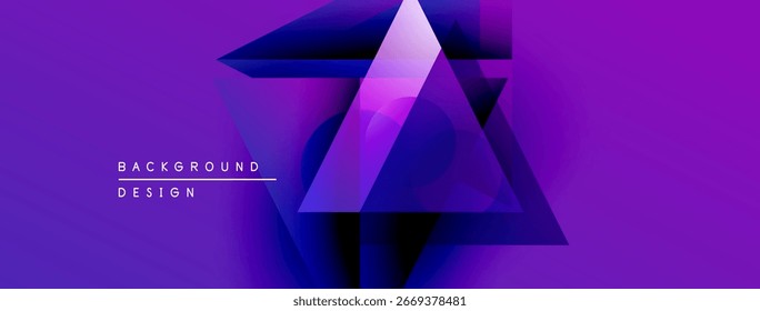 Abstract purple design features overlapping triangles, gradients, dynamic composition. Modern aesthetic, suitable background element.