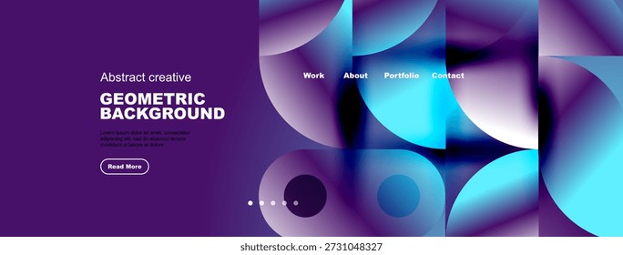 O design abstrato roxo apresenta círculos sobrepostos, elementos de texto, menu de navegação. Moderna estética, cores vibrantes, formas geométricas presentes.