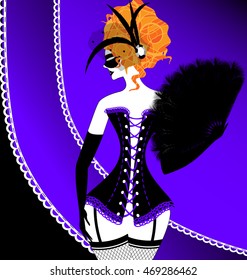abstract purple drape and carnival red-haired lady in the black violet corset with feathers fan