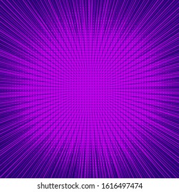 Abstract purple explosive concept with dynamic rays halftone and radial effects. Vector illustration