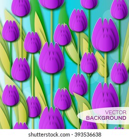 Abstract Purple Floral background - With Bunch of Spring Tulips. Paper cut flower holiday background. Applique Beautiful bouquet. Trendy Design Template. Vector illustration.