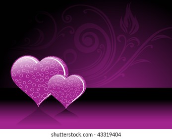 abstract purple floral background with pair of heart