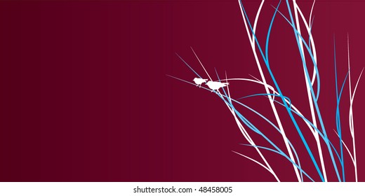 abstract purple floral design banner with wispy branches on the right and small birds sitting on them