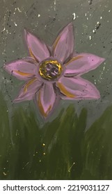 Abstract purple flower with green leaves. Paint splatter. Oil painting. Acrylic.