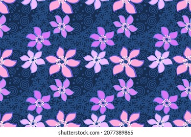 Abstract purple flowers design on blue color background seamless pattern.