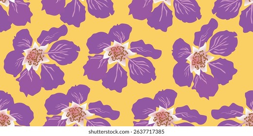 Abstract purple flowers pattern in yellow background for background printing, fabric, paper wrap.Vector.