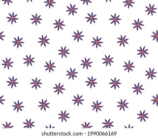 Abstract purple flowers seamless pattern. Limitless hand drawn flat cartoon element sign. Creative art background texture for poster, wallpaper design, textile fashion, print. Vector illustration