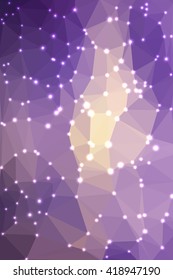 Abstract purple geometric background consisting of colored triangles with lights in corners. Vertical format.