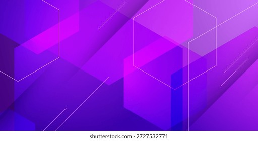 Fondo geométrico púrpura Abstractas con Formas hexagonales en capas, Gradientes diagonales y acentos de línea delgada. Diseño futurista moderno con profundidad y movimiento para la tecnología y la marca, Ilustración vectorial.