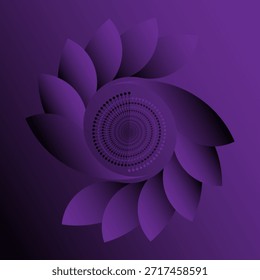 Abstrakter, violetter, geometrischer Blumenvektor auf dunklem Farbverlauf-Hintergrund, der moderne Symmetrie und digitalen Kunststil veranschaulicht und für Branding, Poster, Tapeten, Präsentationen und kreative visuelle Designs erstellt wurde.
