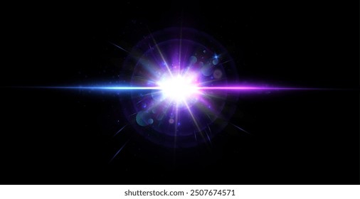 Abstract purple glare bright light PNG effect with glare and sparkles on dark background. Vector 10 EPS