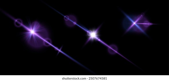 Abstract purple glare bright light PNG effect with glare and sparkles on dark background. Vector 10 EPS