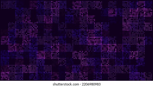 Abstract Purple Glittering Geometric Texture. Technology Flyer Background Design. Squares made of Particles Digital Art. Vector Illustration.