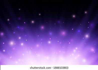 Abstract purple glowing burning fire light rays with sparcs and particles over black background. Universe design. Vector illustration.