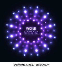 Abstract purple glowing circle mandala or symmetrical cosmic fractal on black space background. Shiny kaleidoscope ornament for futuristic vector banner decoration