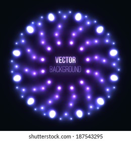 Abstract purple glowing circle mandala or symmetrical cosmic fractal on black space background. Shiny kaleidoscope ornament for futuristic vector banner decoration