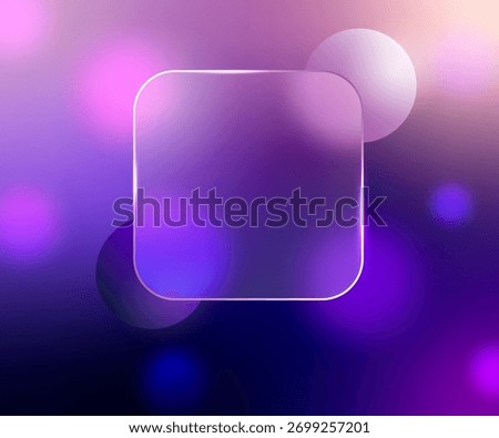 Abstract, purple gradient background with frosted glass plate with copy space. Flying 3D blurred and focal spheres. Banner template and covers for advertising on social networks, websites, leaflets.