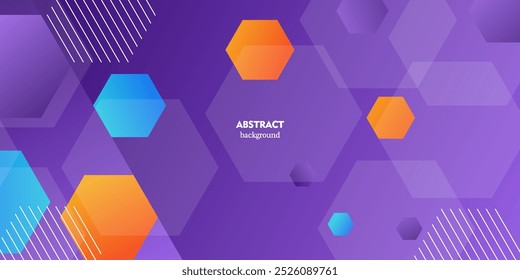Abstract purple gradient background of molecules. Transparent hexagonal structure shape. Presentation study. Hexagonal lattice molecular structure.