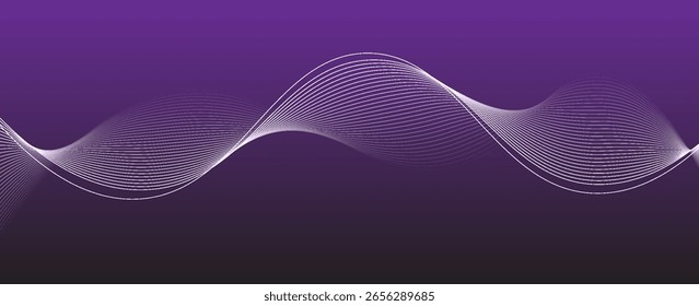 Fundo de gradiente roxo abstrato com ondas de linhas brilhantes. Fundo minimalista para banner, cartaz, capa, brochura, folheto, site.