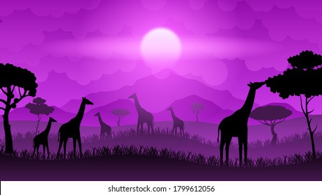 Abstract Purple Gradient Field Nature Landscape Background Vector Design Style With Sun Clouds Grass And Giraffes