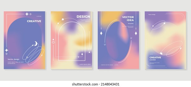 Abstract purple gradient fluid liquid cover template. Set of modern poster with vibrant graphic color, hologram, thin line. Minimal style design for flyer, brochure, background, wallpaper, banner.