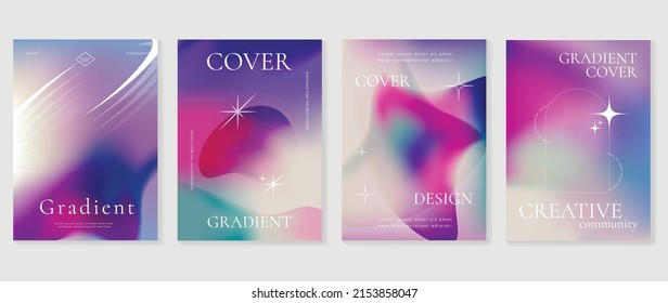 Abstract purple gradient liquid cover template. Set of modern poster with vibrant graphic color, hologram, stars, organic shapes, frame. Futuristic design for brochure, flyer, wallpaper, banner.