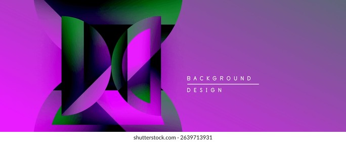 Abstract purple, green design. Overlapping shapes create dynamic visual effect. Modern background with text elements present.