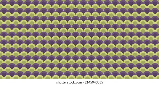 Resumen Patrón de semicírculos púrpura y verde - Filas de objetos superpuestas, textura simple de mosaico geométrico, arte generativo, fondo vectorial
