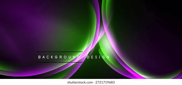 Abstract purple, green layers create flowing background. Modern design with smooth gradients, elegant curves. Minimalist aesthetic.