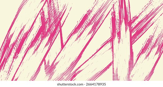 Abstract purple halftone brush stroke background with diagonal lines and digital grunge texture. The modern pop-art inspired design combines rough strokes and pixelated dot patterns
